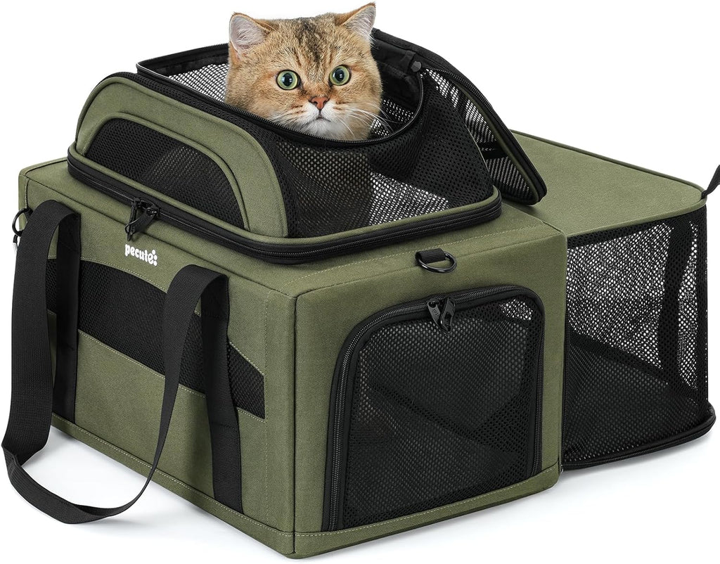 Pecute Top Expandable Airline Approved Pet Carrier for Cats, Olive Green