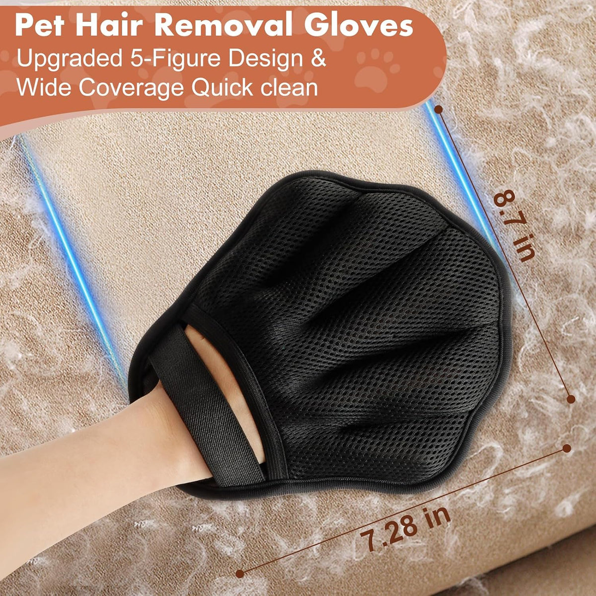 Pet Hair Removal Glove for Cat & Dog, Electrostatic Pet Hair Remover Tool for Furniture, Couch, Laundry, Carpet | Upgraded 5-Finger Washable, Quick Dog & Cat Fur Remover, Black+Black