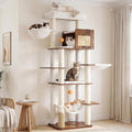 Hey-brother Wooden Cat Tree Tower with Rattan Condo, Large Platform, 2 Cozy Hammocks, Basket, Self-Grooming Brush, 9 Full Sisal Scratching Posts for Indoor Adult Cats, 73 Inches, Rustic Brown MPJ122SR