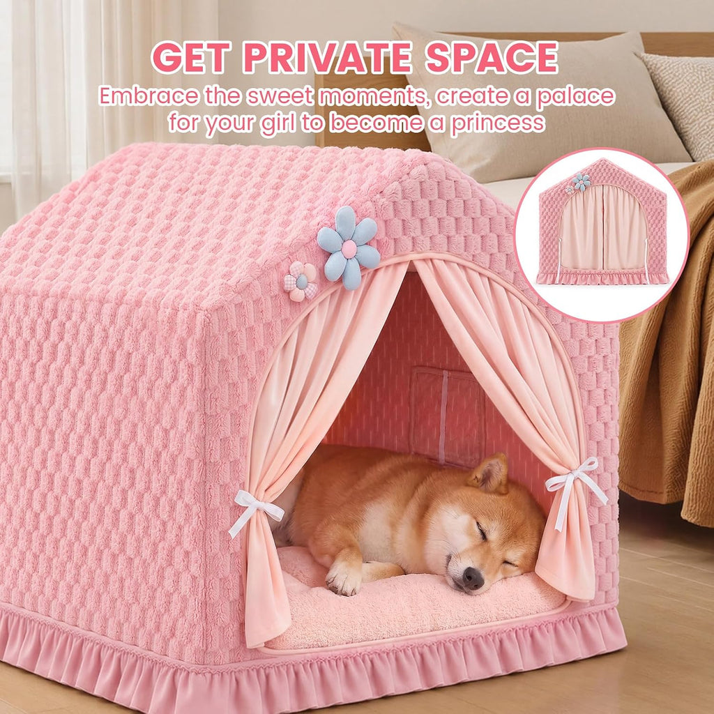 Indoor Dog House with Frame,Cute Large Dog Tent Bed with Cover Cave,Pink