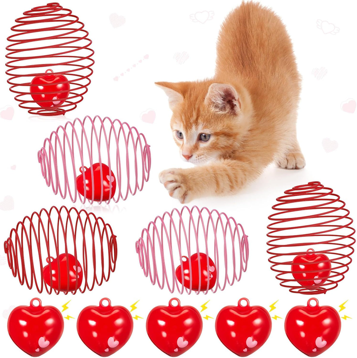 Jecery 5 Pcs Cat Toys Spring,Heart Bel,Pink Red