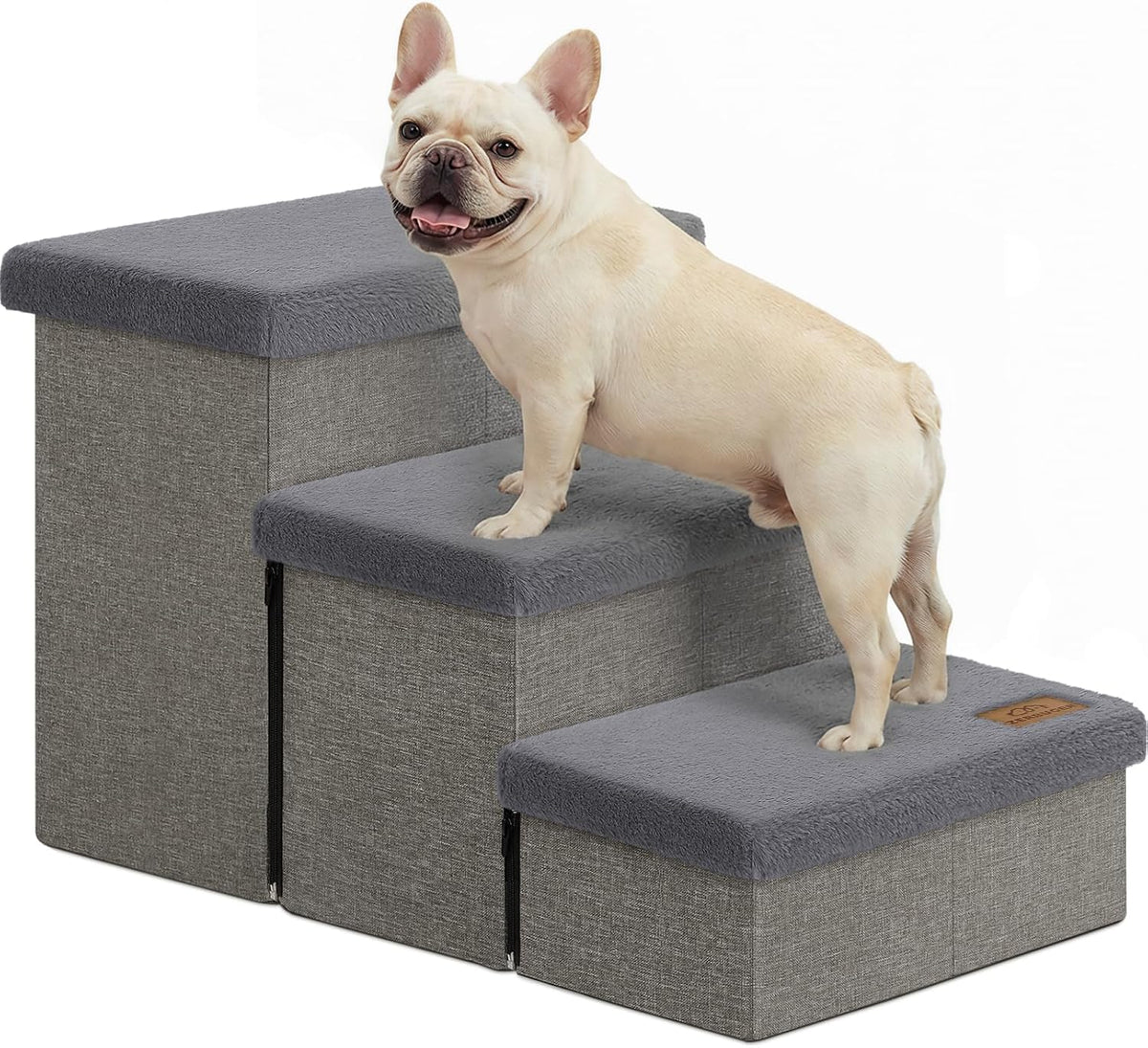 Zerbuger Dog Stairs with Storage, Grey Furry Lids 3 Steps Dog Ramp no Condo