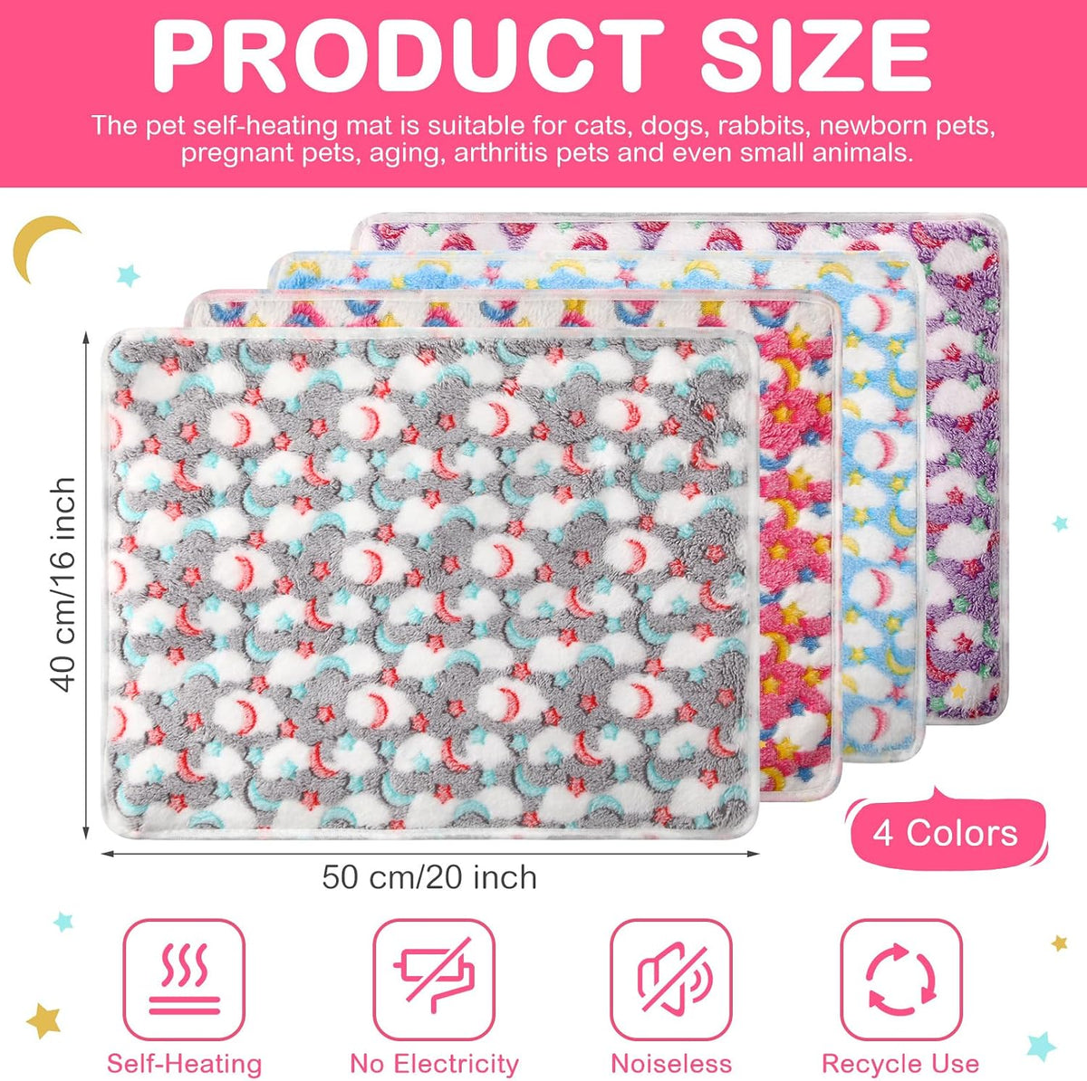 4 Pack Self Heating Cat Pad Self Warming Dog Mat, Stars Moon, 16 x 20 Inch