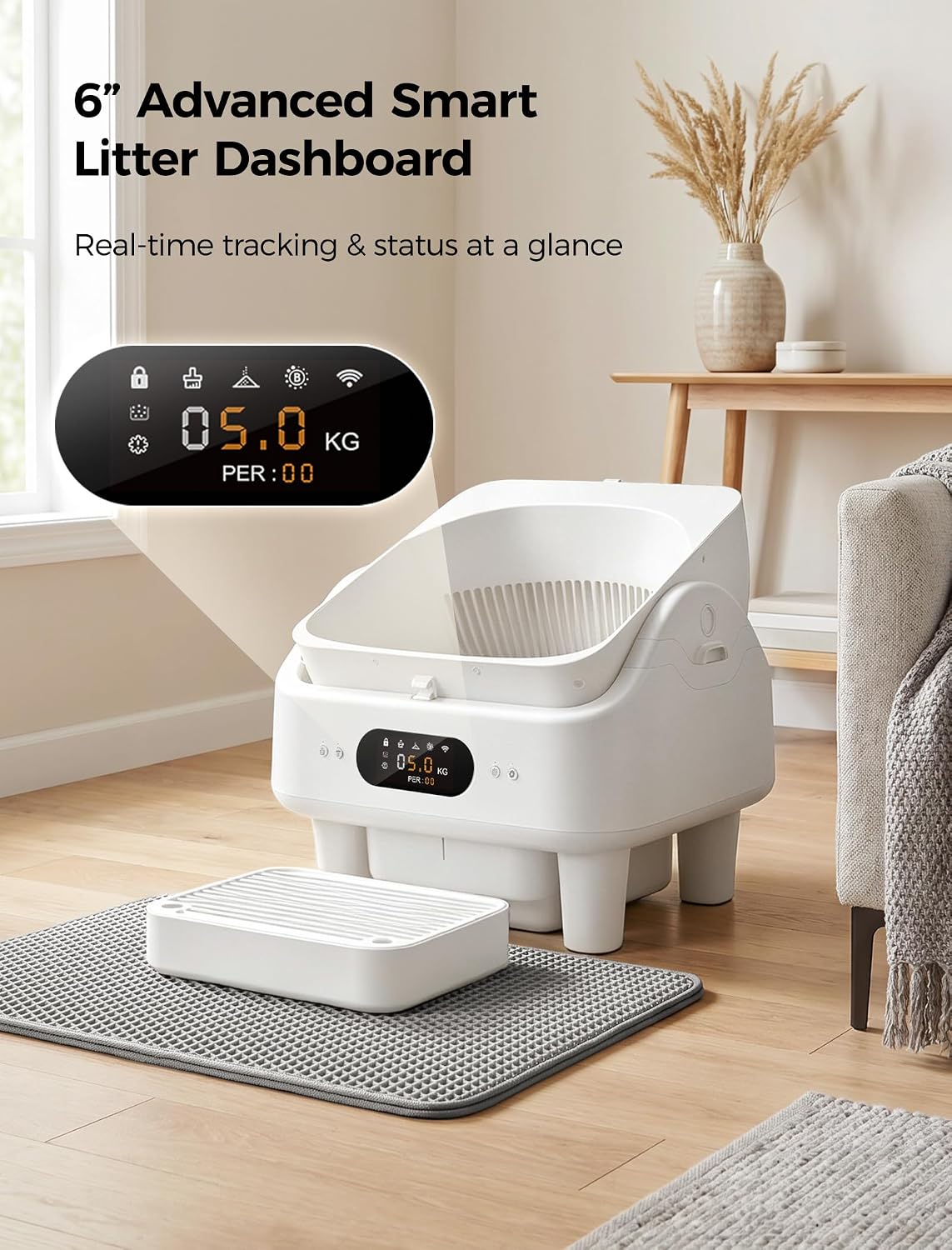 Open Top Self Cleaning Litter Box, Automatic Cat Litter Box for Multiple Large Cats with APP Control, 10 Safety Sensors, 6" LED Display, Quiet Odor Control, Trash Bags,Cat Stair, Litter Mat