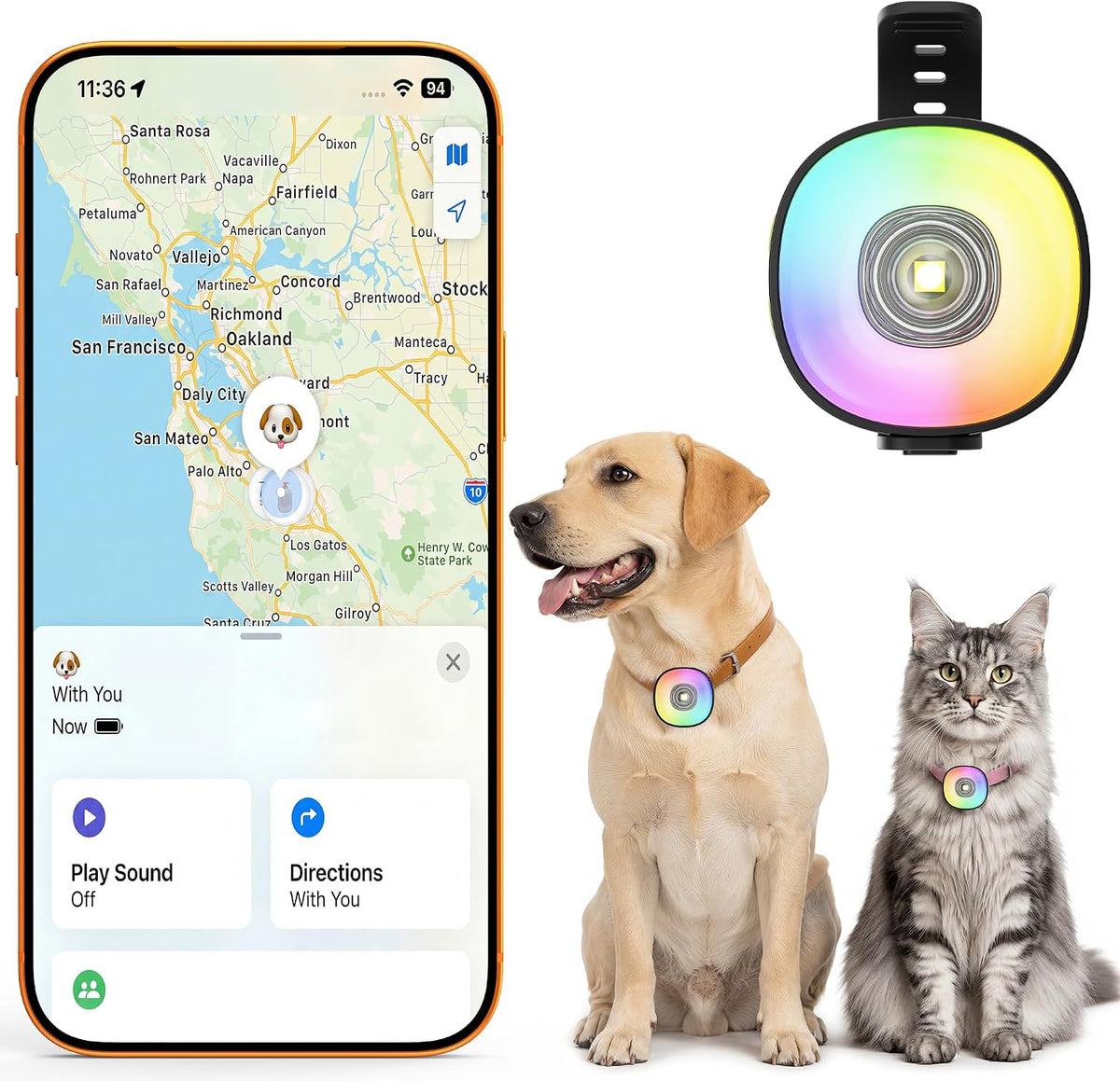 Zellar 2-in-1 Dog Tracker GPS with LED Light, Pet GPS for Pets,Rechargeable