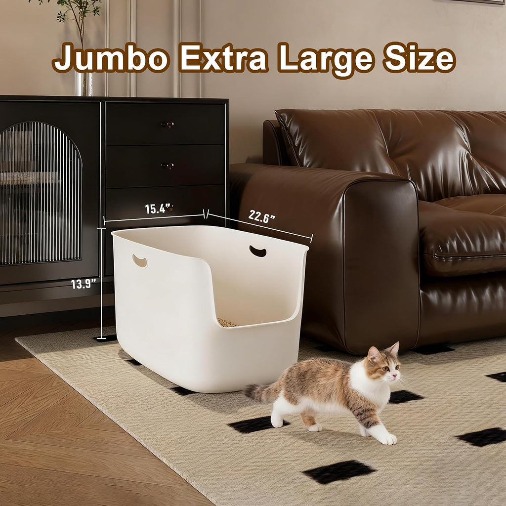Jumbo Extra Large Cat Litter Box - High Sided Low Entry Open-Top Anti-Splash Pan for Multiple Cats, Kittens & Senior Cats, 22.6"x15.4"x13.9", White