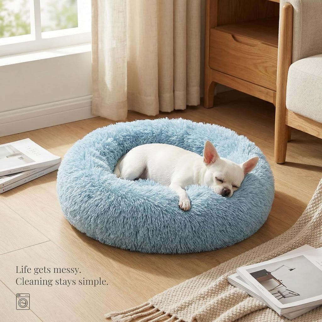 nononfish Fluffy Donut Dog Bed for Small Dogs,Cozy Plush Pet Bed