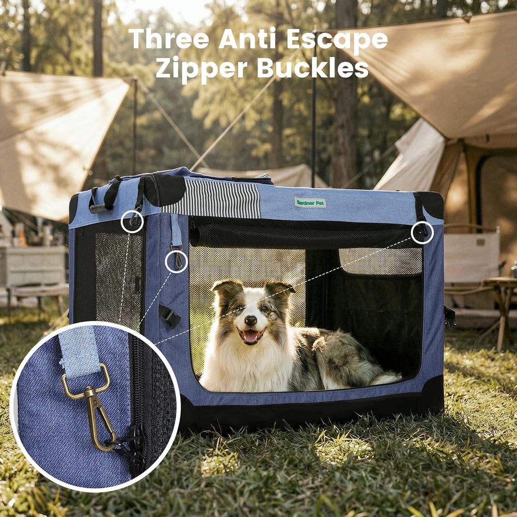 Gardner Pet Soft Collapsible Dog Crate - 30 Inch Portable Travel Dog Crate for Small/Medium Dogs Indoor & Outdoor, 3-Door Pet Crate with Durable Mesh Windows & Storage Bag, Blue