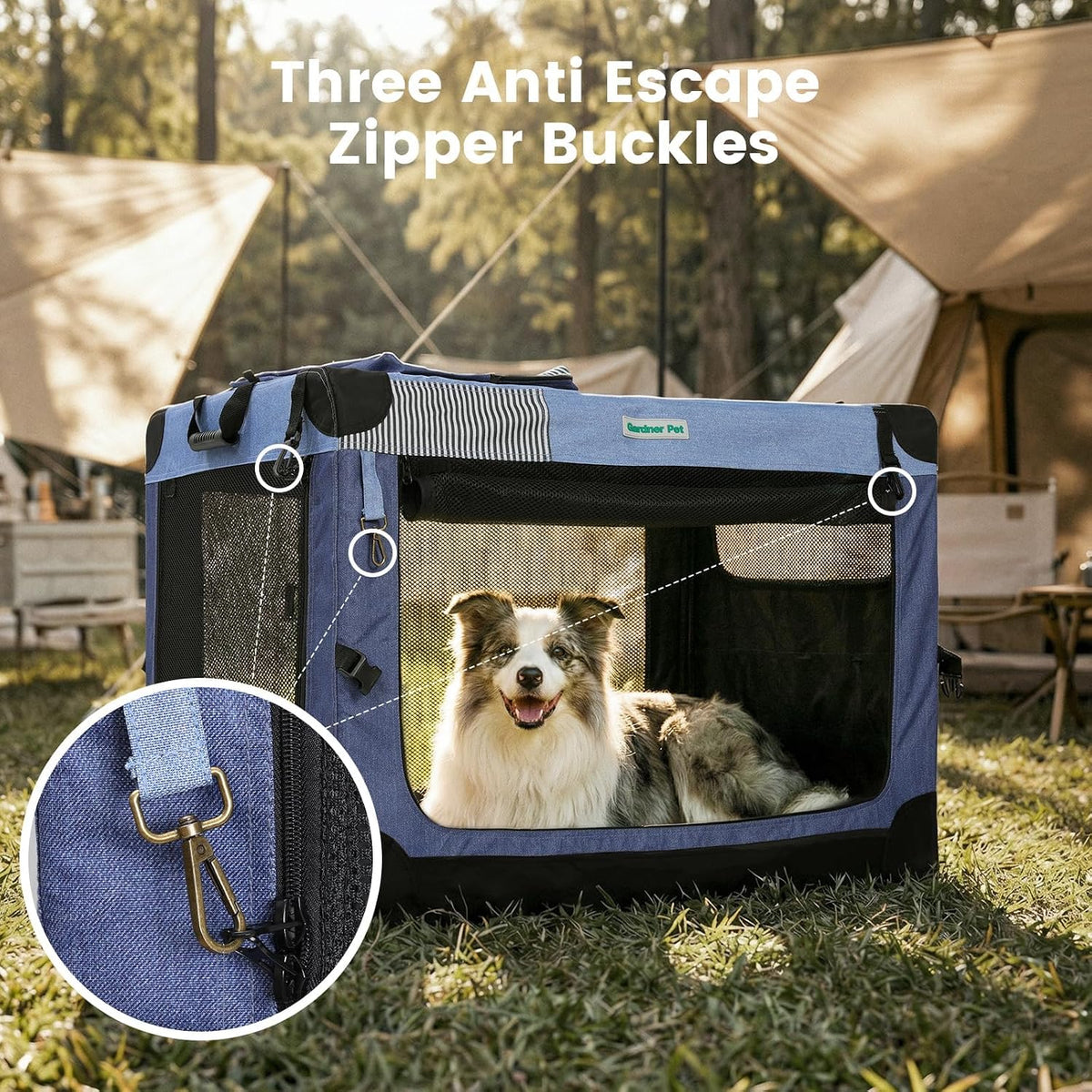 Gardner Pet Soft Collapsible Dog Crate - 30 Inch Portable Travel Dog Crate for Small/Medium Dogs Indoor & Outdoor, 3-Door Pet Crate with Durable Mesh Windows & Storage Bag, Blue