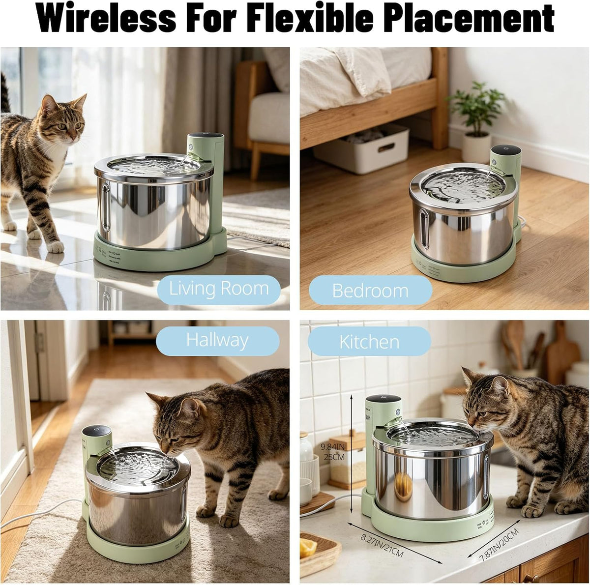 Wireless Stainless Steel Cat Water Fountain, 3L Induction Dispenser
