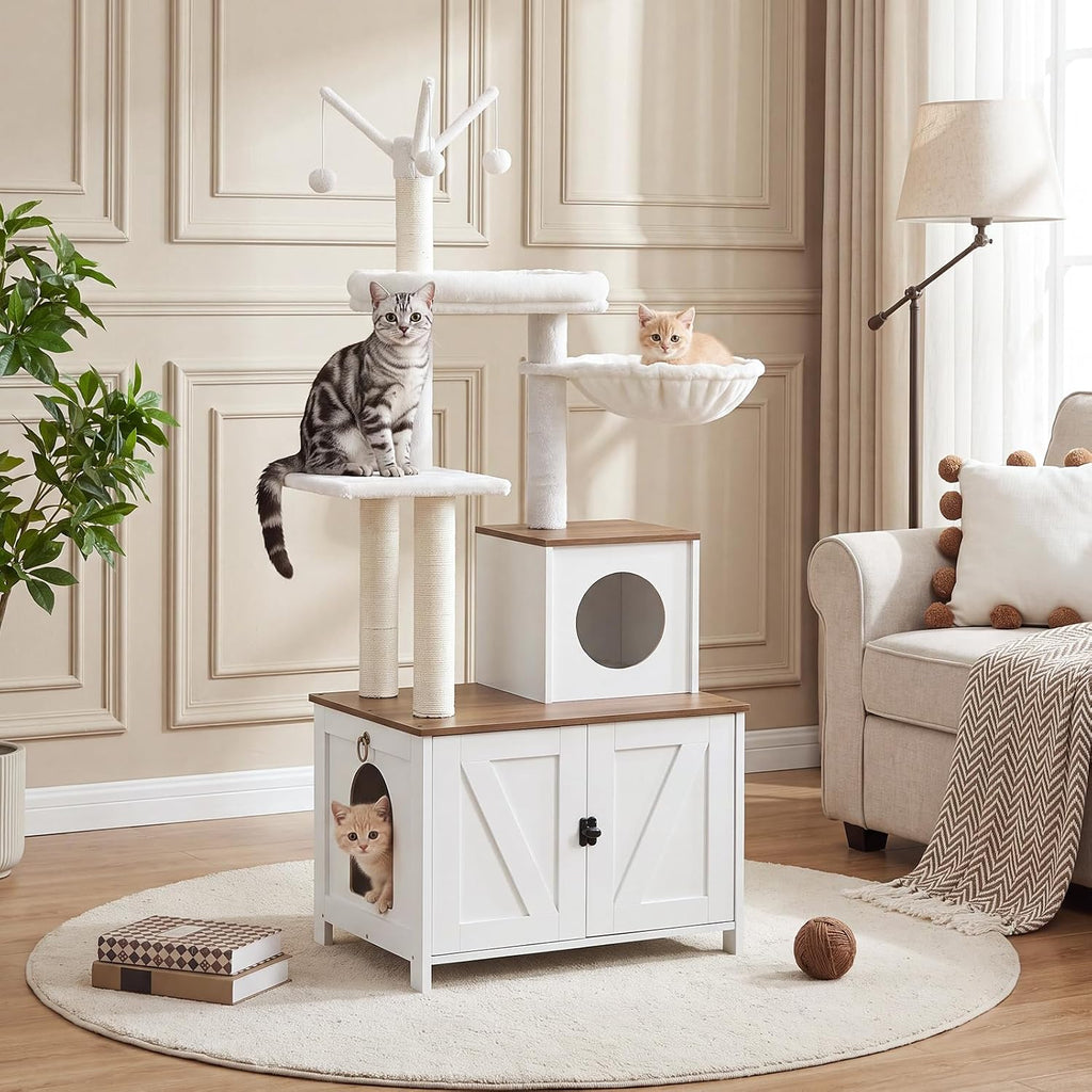 HOOBRO Cat Tree with Litter Box Enclosure for Indoor, 59 Inch Modern Cat Tower with Scratching Posts, Wooden Cat Condo, Hidden Litter Box Furniture, All-in-One Cat House, White and Walnut WH15MZ03