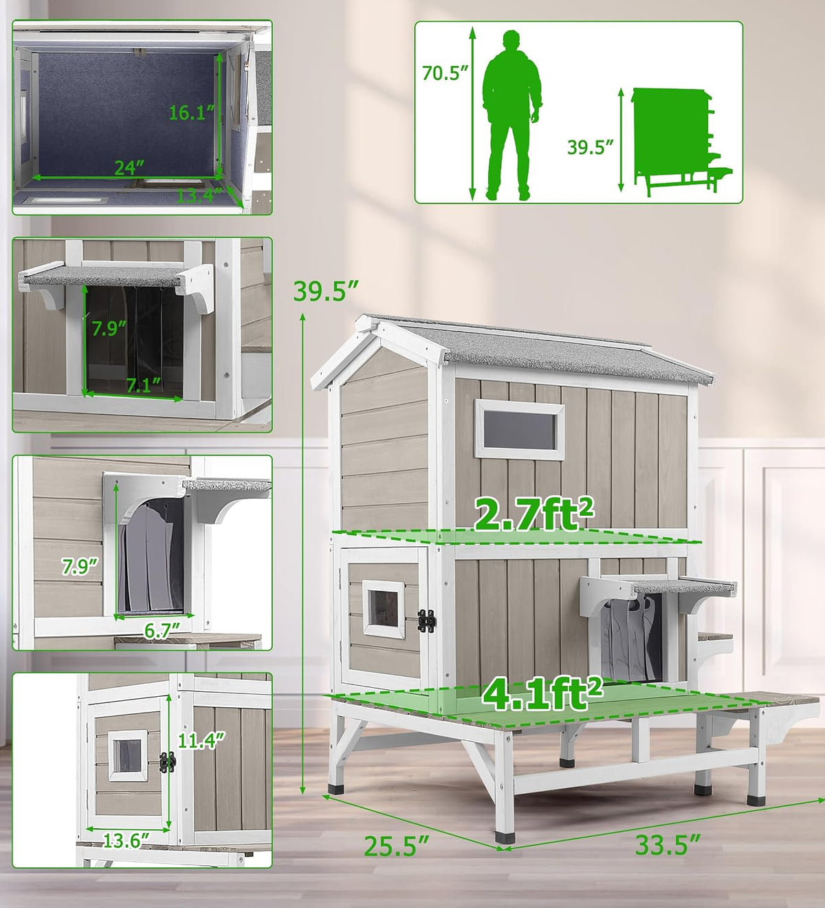 GoWoodHut Outdoor Cat House Weatherproof Cats Shelter for Feral Kitten Pet Houses for 1-2 Small Animlas 2 Story Wooden Houses for Indoor Outdoor Cats with Escape Doors (2 Story Cat House-73TI)