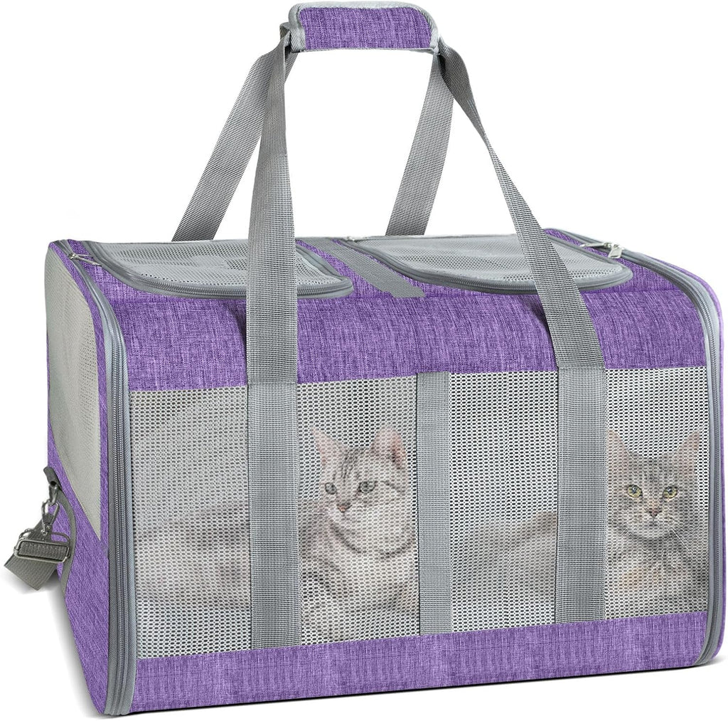 Soft-Sided Cat Carrier for 2 Cats, Gray, Breathable Mesh Design, Airline Approved Travel Bag for Small to Large Cats, Expandable with Shoulder Strap (Purple)