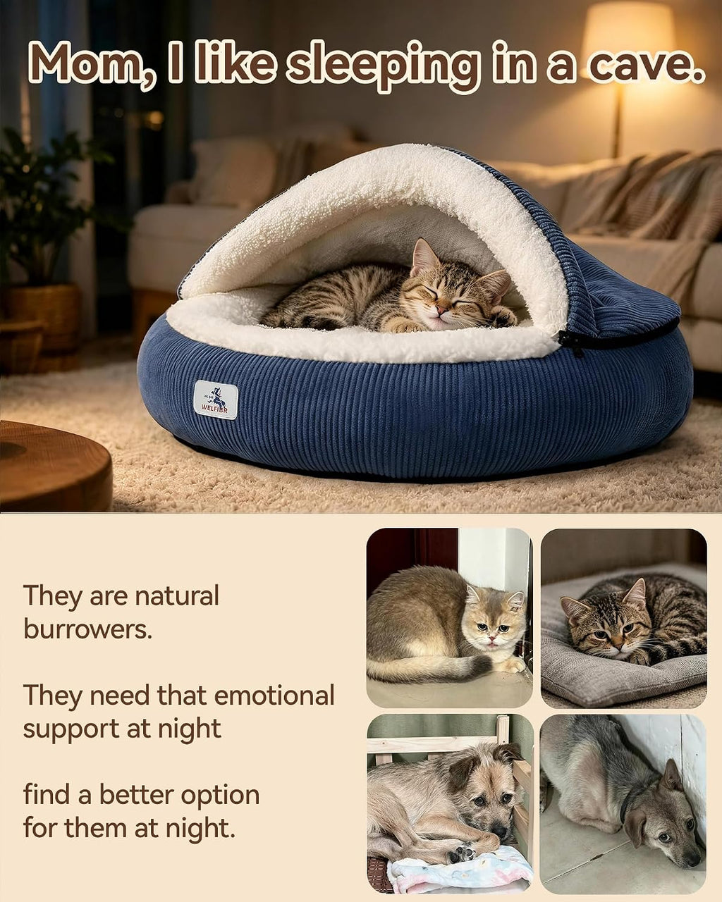 Calming Cozy Dog Cave Cover Bed, Burrow Small Doggy Anti Anxiety