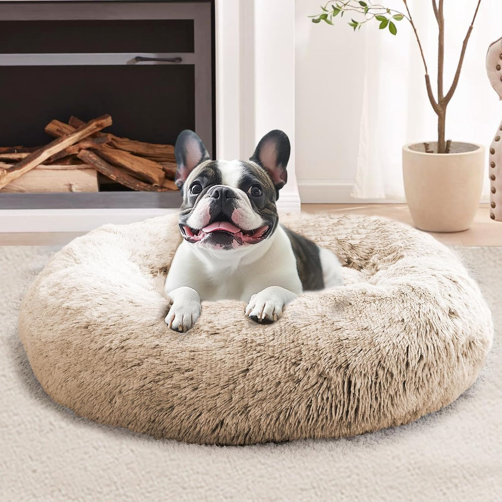 JOLLYVOGUE Calming Dog Bed Medium Size Dog, Anti-Anxiety Donut Medium Pet Bed, 27 inches Fluffy Faux Fur Round Cat Bed (Cream Brown)