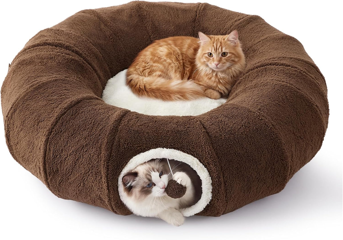 ZOMISIA Cat Tunnel Bed for Indoor Cats, Donut Peekaboo Play Tunnel, Brown