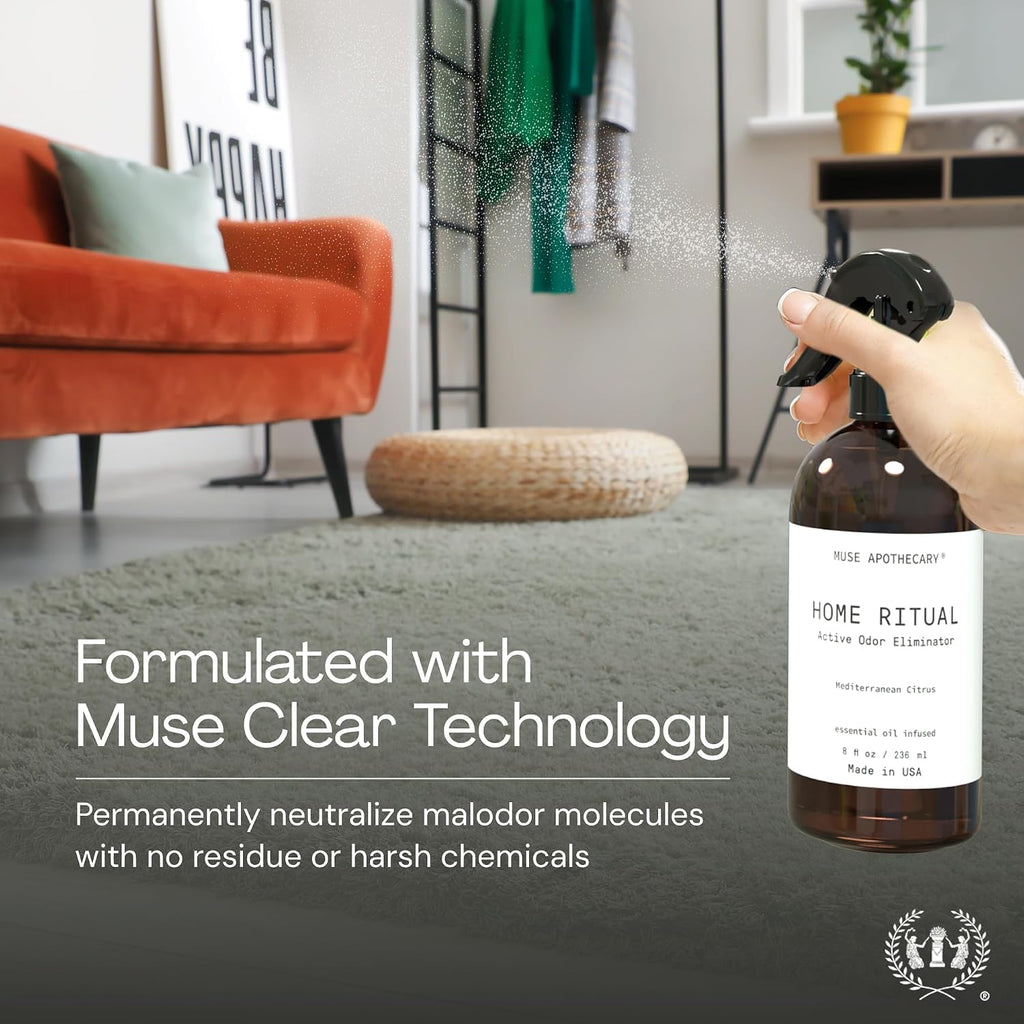 Muse Apothecary Home Ritual Active Odor Eliminator Spray - Furniture Deodorizer Spray & Bathroom Odor Eliminator for Home - Essential Oil Air Freshener - 8oz, Ocean Air