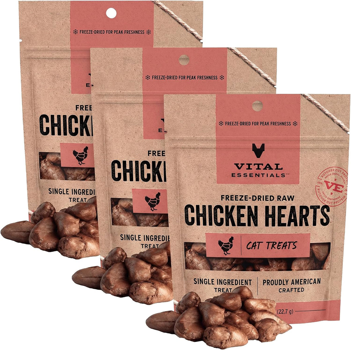 Vital Essentials Freeze Dried Raw Chicken Hearts Cat Treats | Single Ingredient | Premium Quality | Grain Free, Healthy Treats for Cats, 0.8 oz Bag (Pack of 3)