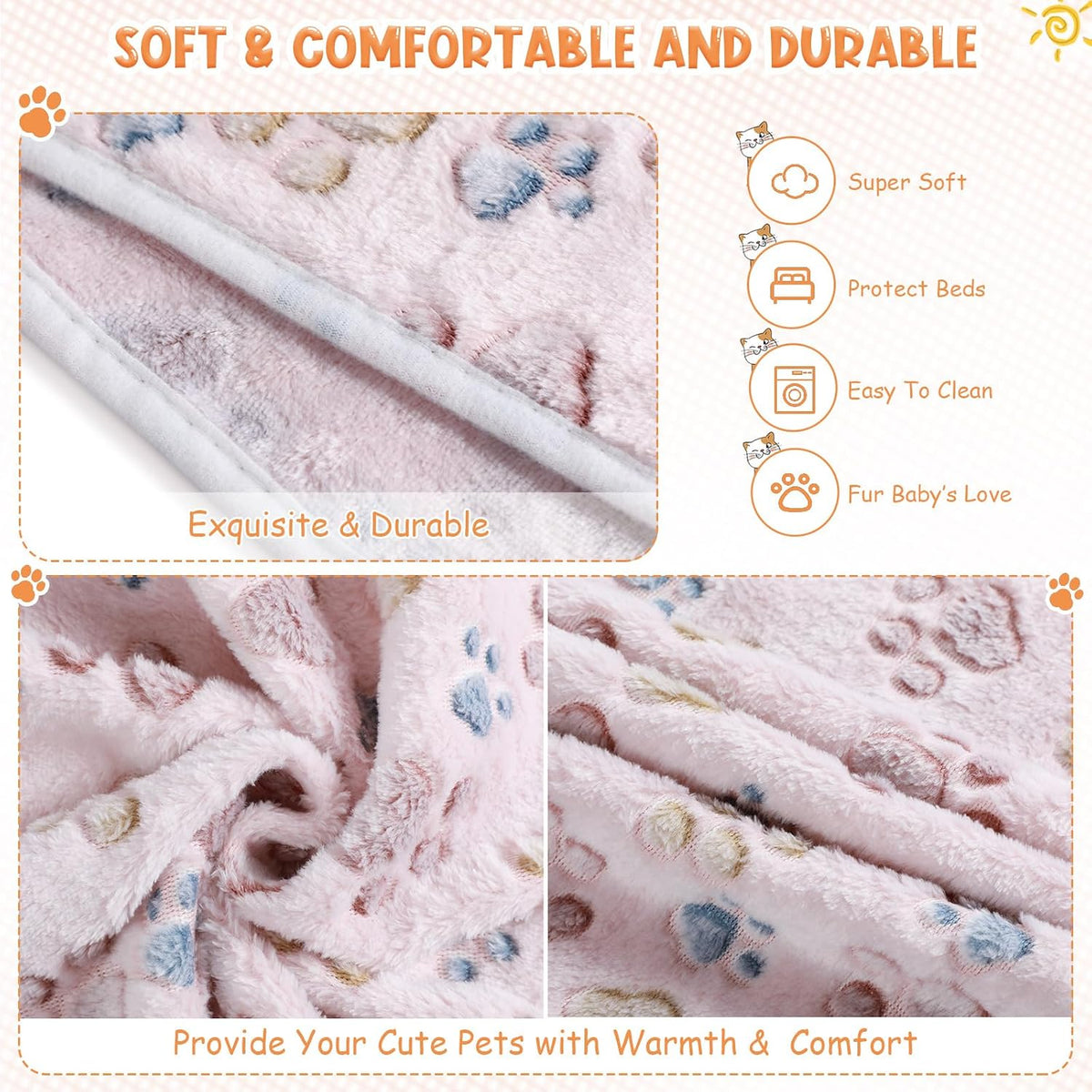 Tatuo 4 Pcs Fleece Dog Blankets for Puppy Cat, Beige, 24 x 16 in, Paw