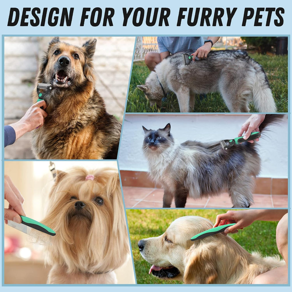 Docrok Pet Grooming Brush and Metal Comb Combo for Dogs & Cats, Green | Dematting Deshedding Undercoat Rake, Cat Brush Dog Brush Shedding Tool for Long Matted Haired Pets