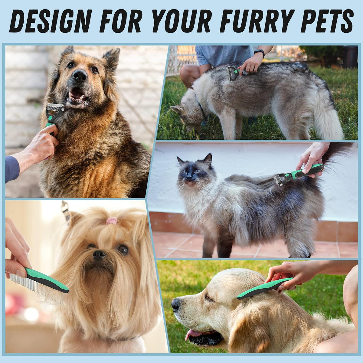 Docrok Pet Grooming Brush and Metal Comb Combo for Dogs & Cats, Green | Dematting Deshedding Undercoat Rake, Cat Brush Dog Brush Shedding Tool for Long Matted Haired Pets