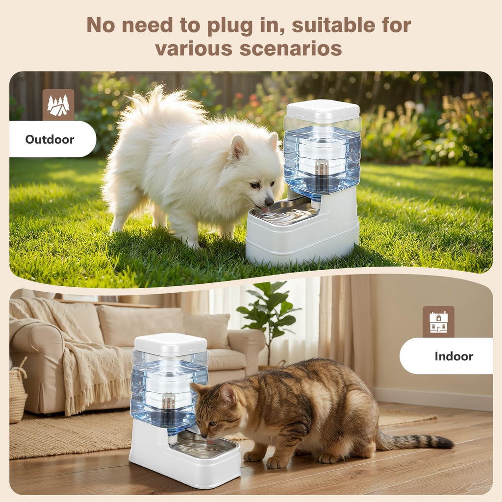 1.6 Gallon Pet Automatic Dog Water Dispenser Cat Gravity Waterer Feeder with Stainless Steel Bowl 8L Large Capacity Puppy Feeding Raised Bowls with Filter,Ice Pack (White, 6L(1.6 Gallon))