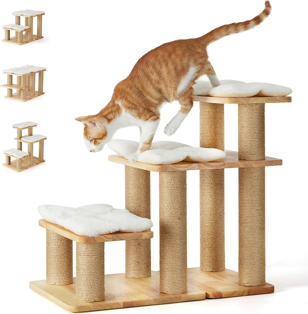 FUKUMARU Dog Stairs, Solid Wood Pet Stairs with Cat Scratching Post