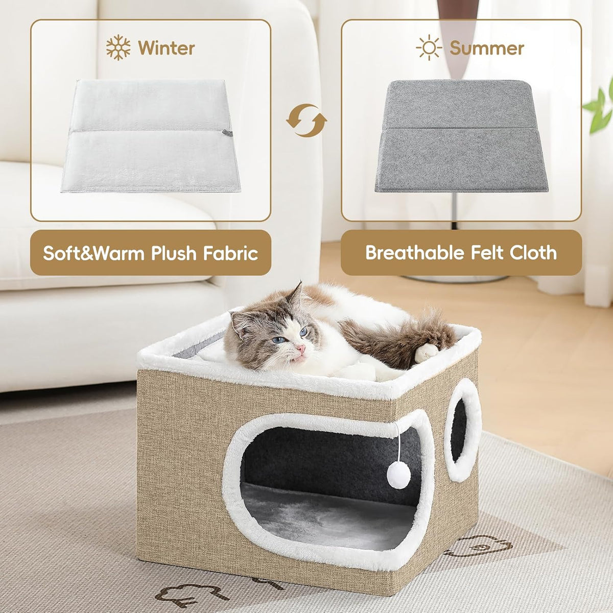 Cat Houses for Indoor Cats, Large Covered Cat Bed Cave,Khaki‌,16in
