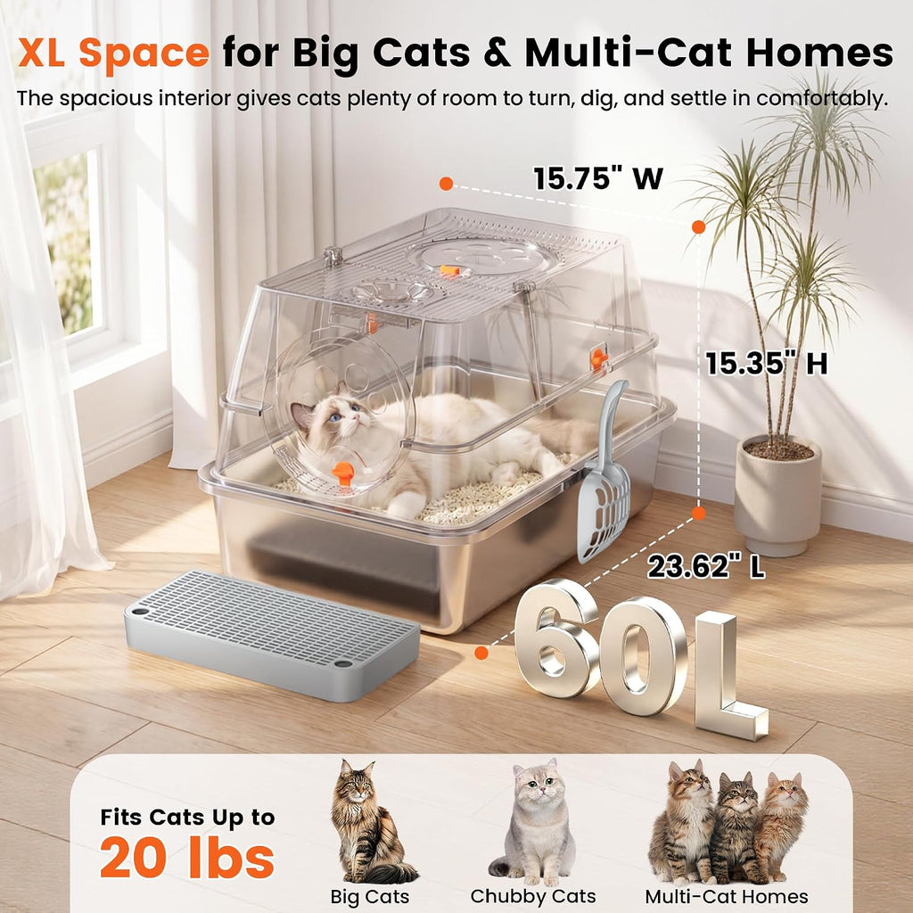 XXL Enclosed Stainless Steel Litter Box with Lid, Flip-Top, Gray