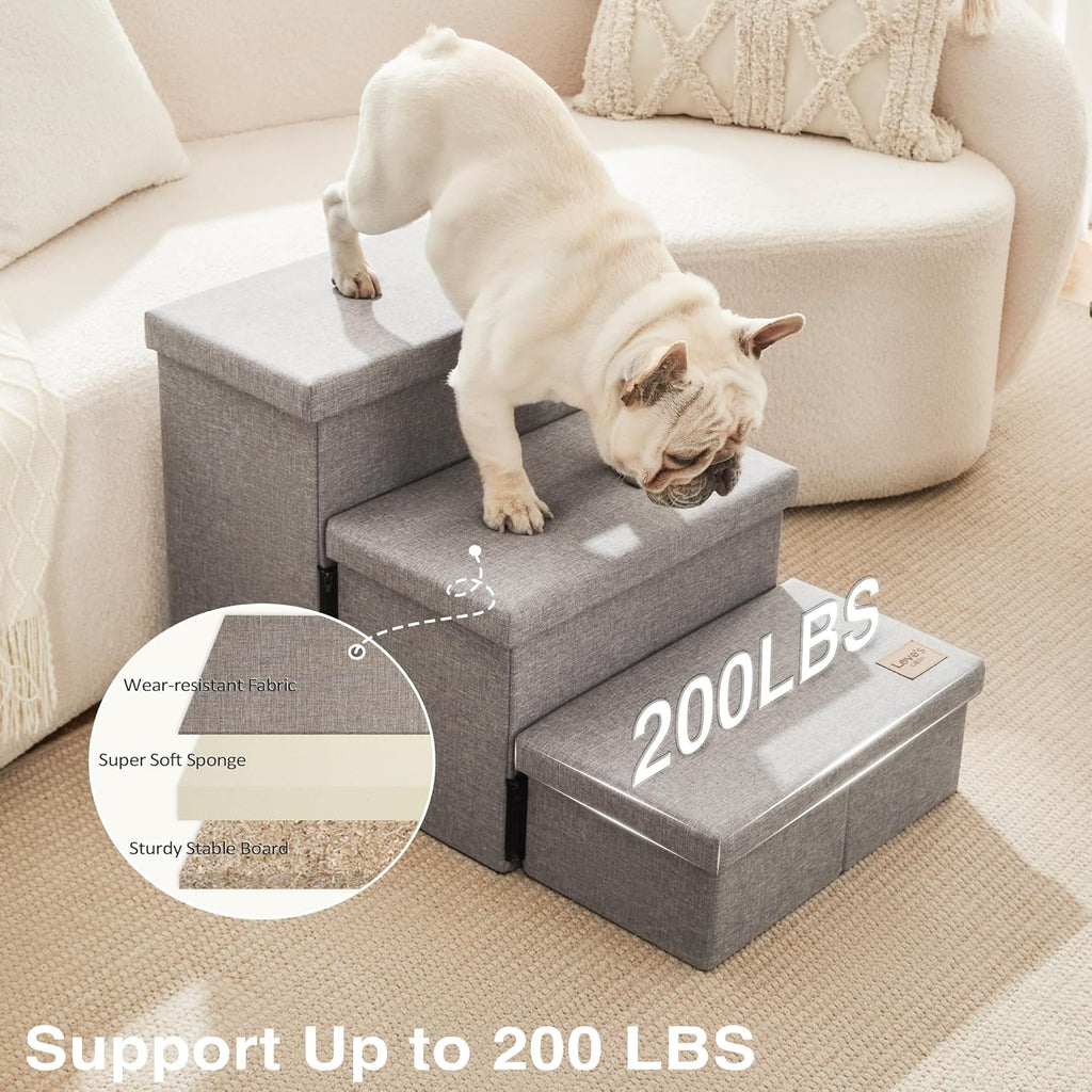 Love's cabin Dog Stairs for High Bed, Foldable Pet Stairs for Small Medium or Large Dogs Puppy with Storage for Bed or Couch, Cat Dog Steps Ramp with Zip up to 200 lbs, Solid Grey, 3 Steps