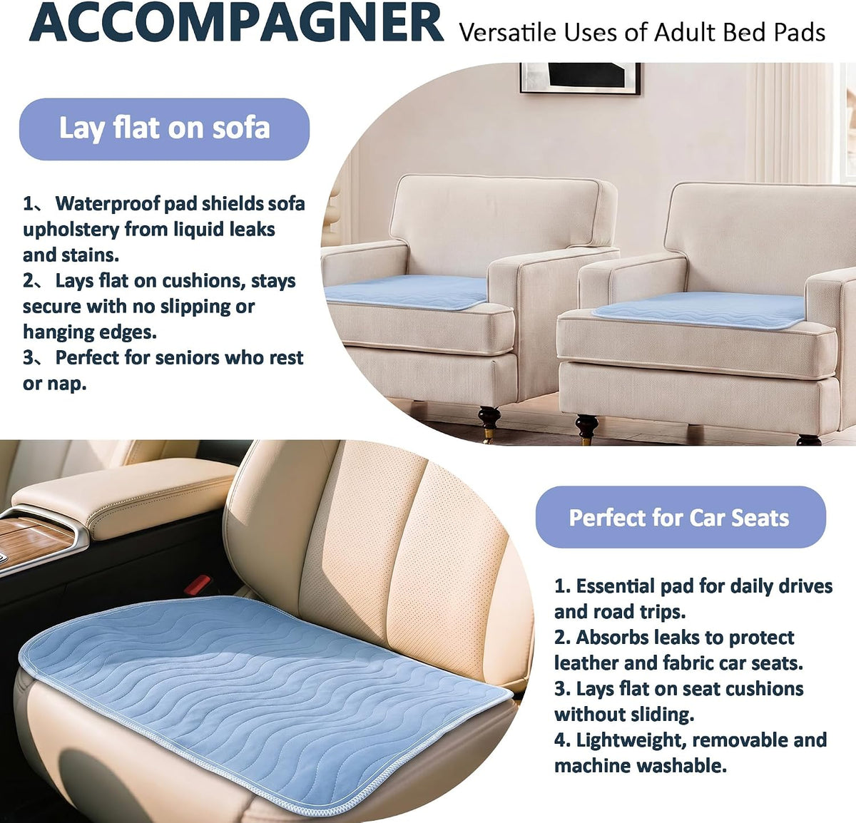 Accompagner Incontinence Bed Pads Washable Waterproof, Ultra-Absorbent Reusable Underpads for Diaper Changing, Nursing, Bedridden, Adults, Seniors, Kids and Dogs (Blue, 24"x24"(Pack of 4))