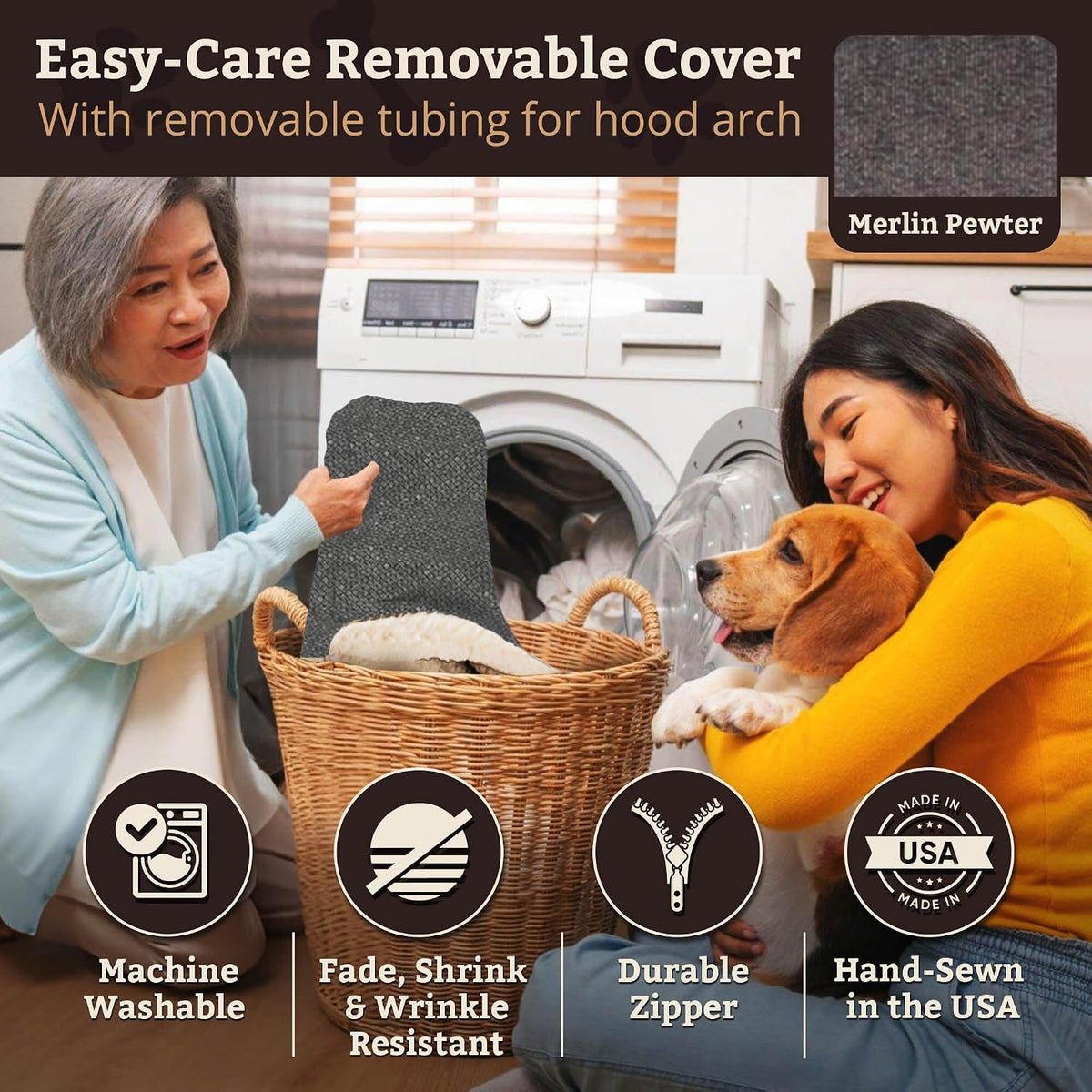 Snoozer Rectangle Cozy Cave Dog Bed, Hooded Dog Bed, Merlin Pewter (XL)