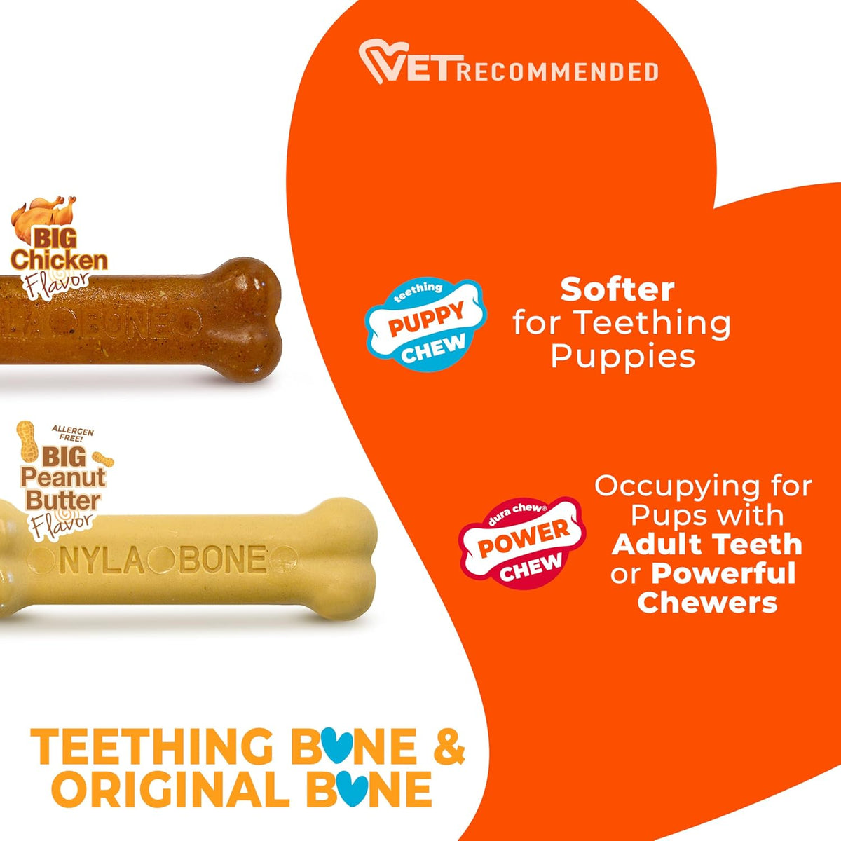 Nylabone Puppy Chew Teething Bone & Original Bone Dog Chew Toys, 2 Count | X-small chew bones for puppies up to 15 lbs, chicken & peanut butter flavor, soothing teething toys for puppies