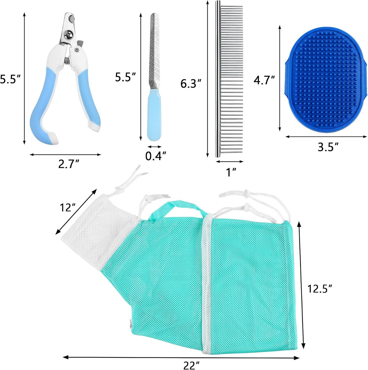 JULMELON 10 PCS Cat Washing Bag for Bath Shower Adjustable Net Grooming Set | Pet Brush Nail Clipper File, Hair Combs Tick Tool, Nail Caps, Bathing Trimming Examination, Grey and Green 