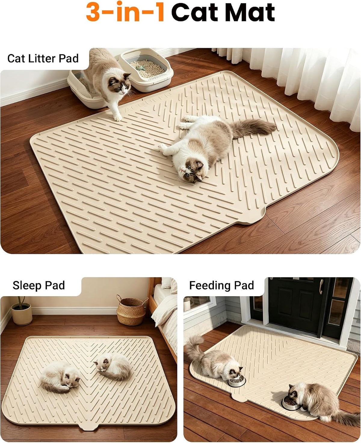 Cat Litter Mat, 47"x37" Extra Large Litter Box Mat, Silicone Mat, Beige | Waterproof Litter Trapping Mat for Scatter Control, Soft on Cat Paws Non-Slip Easy to Clean
