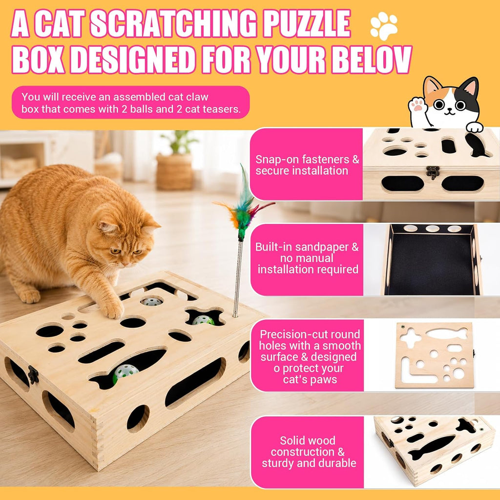 Large Cat Nail File Box, Sturdy Wood with 3 Small Balls & 2 Cat Teaser