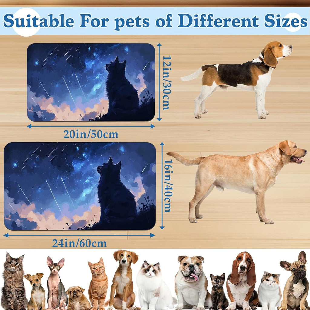 Starry Night Cat Dog Food Mat–Absorbent Quick Dry Feeding Placemat for Food and Water Bowls, Non Slip Rubber Backing, Waterproof Pet Supplies for Mess-Free Eating 12"x20"