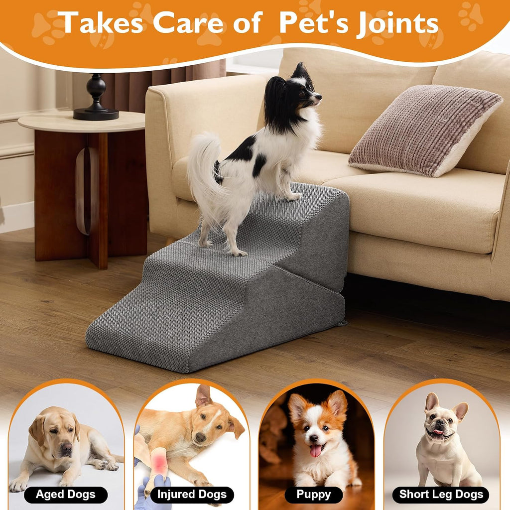 Ahpmeoa Dog Stairs for Small Dogs 16’’ H, 3-Step Dog Steps for Bed, Grey
