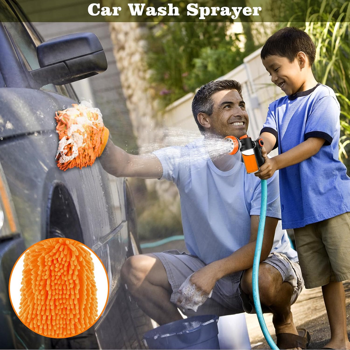 Upgrade Dog Washing Hose Attachment with Soap Dispenser, Dog Bath Hose Attachment with Pet Bath Brush Car Wash Mitt and Dog Comb for Watering Plants, Lawn, Showering Pet(Orange)