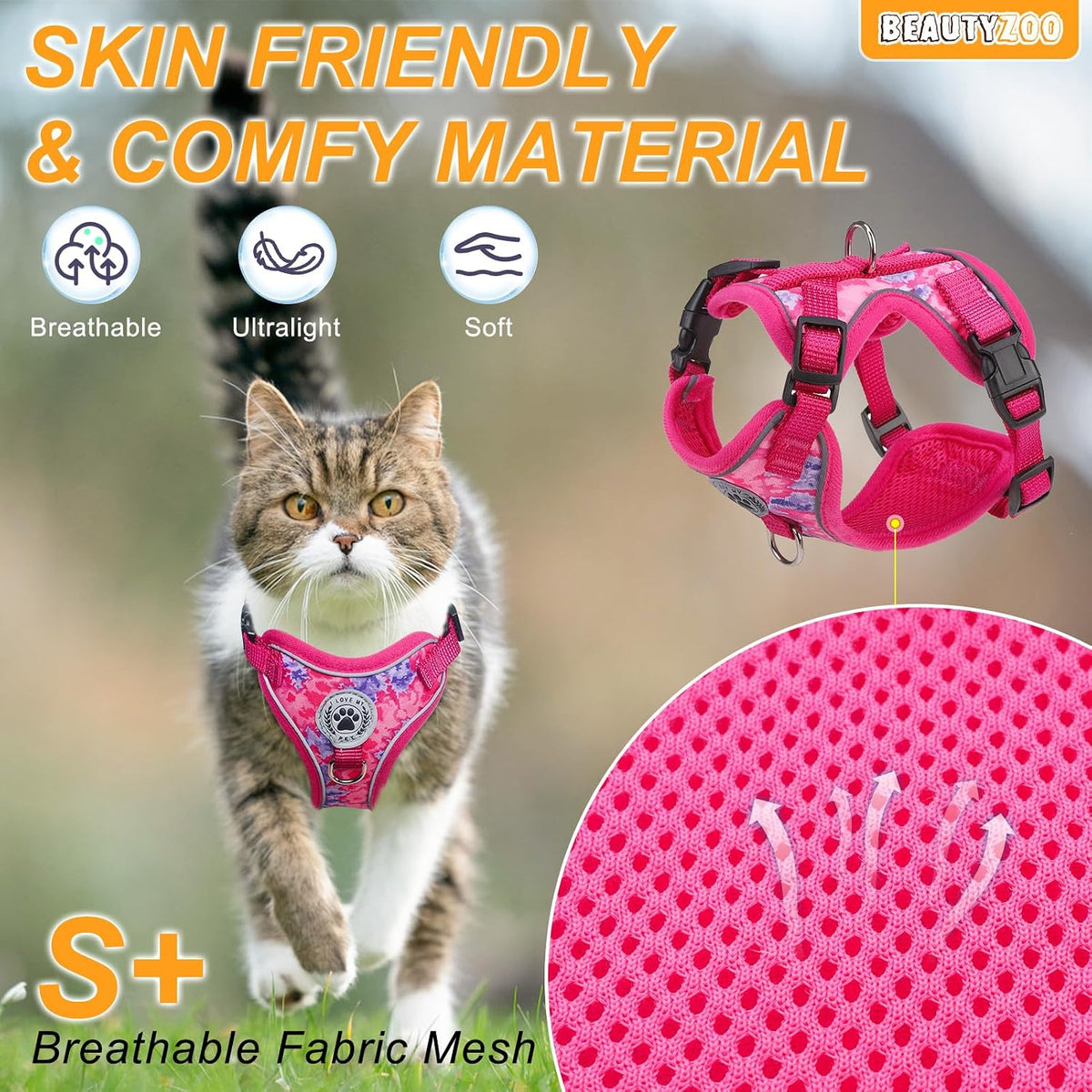 BEAUTYZOO Cat Harness and Leash,Escape Proof Easy-On Vest w/Neck Buckle, M