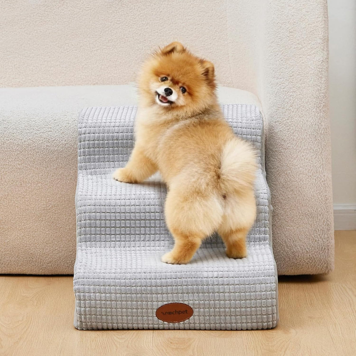 Woochpet 3-Tier Dog Stairs for Beds Foam Ramp Stairs for Couch Light Grey