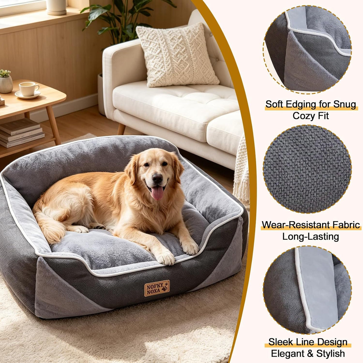 Orthopedic Dog Bed for Large Dogs, Washable Dog Sofa Bed with Reversible Plush & Premium Corduroy Velvet, Non-Slip Bottom, Removable Cover, Grey, 35"x28"