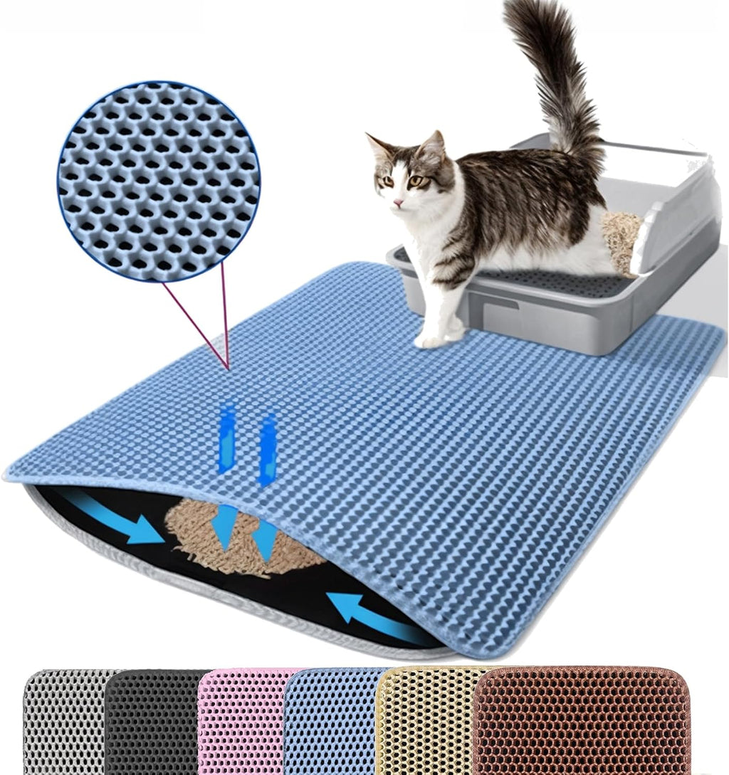 Extra Large Cat Litter Mat, Double Layer Honeycomb Design, Blue | 30x22”, Reduces Litter Tracking, Easy to Clean, Waterproof, Non-Slip, Soft on Paws, Scratch Resistant, Blue, XL