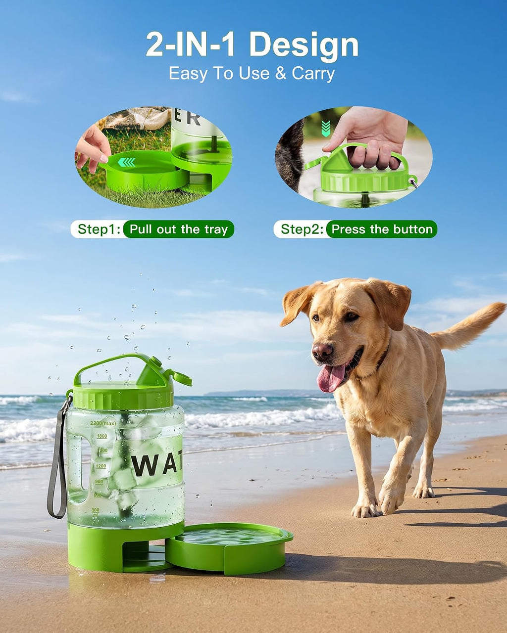 77 oz Portable Dog Water Bottle, 2.2L Dog Travel Water Dispenser Olive Green | Food-grade, BPA-free material, silicone seal, easy-clean wide mouth, grip handle, for large dogs, hiking, camping, beach days