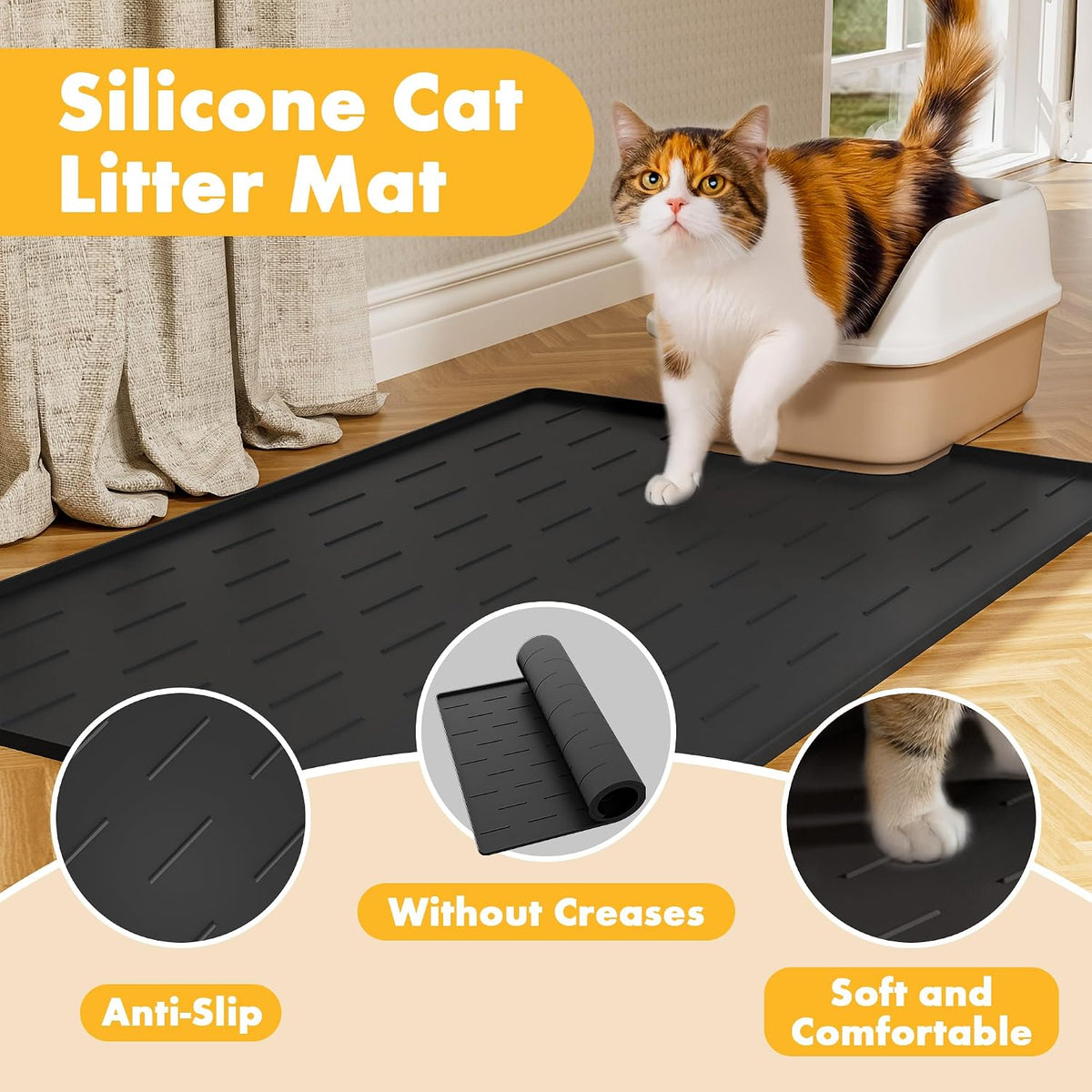 Pieviev Silicone Cat Litter Mat, Traps Litter & Easy to Clean, 34'' x 22'' | Raised Edges Lock Litter & Urine, Scratch and Wear-Resistant Cat Box Mat, Non-Slip Backing, Fit Most Standard Boxes