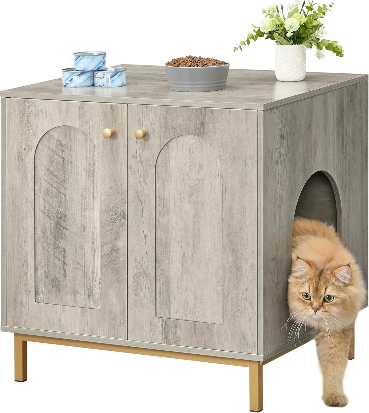 Hzuaneri Cat Litter Box Enclosure, Hidden Litter Box Furniture, Sisal Mat | Wooden Indoor Cat Cabinet, Modern Cat Washroom, Side End Table, for Living Room, Bedroom, Greige and Gold CB81205G