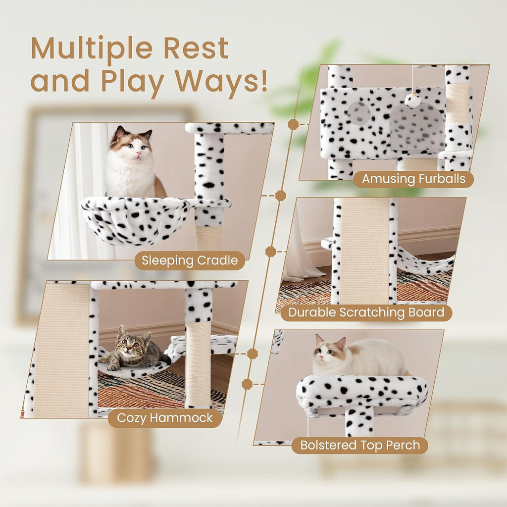 SHA CERLIN 65in Larger Cat Tree Tower Condo for Indoor Kitties/Multi-Level Furniture Activity Center with Wide Base/Cozy Plush Perches/Baskets/Sisal Scratching Posts and Hammock/White & Black Spot