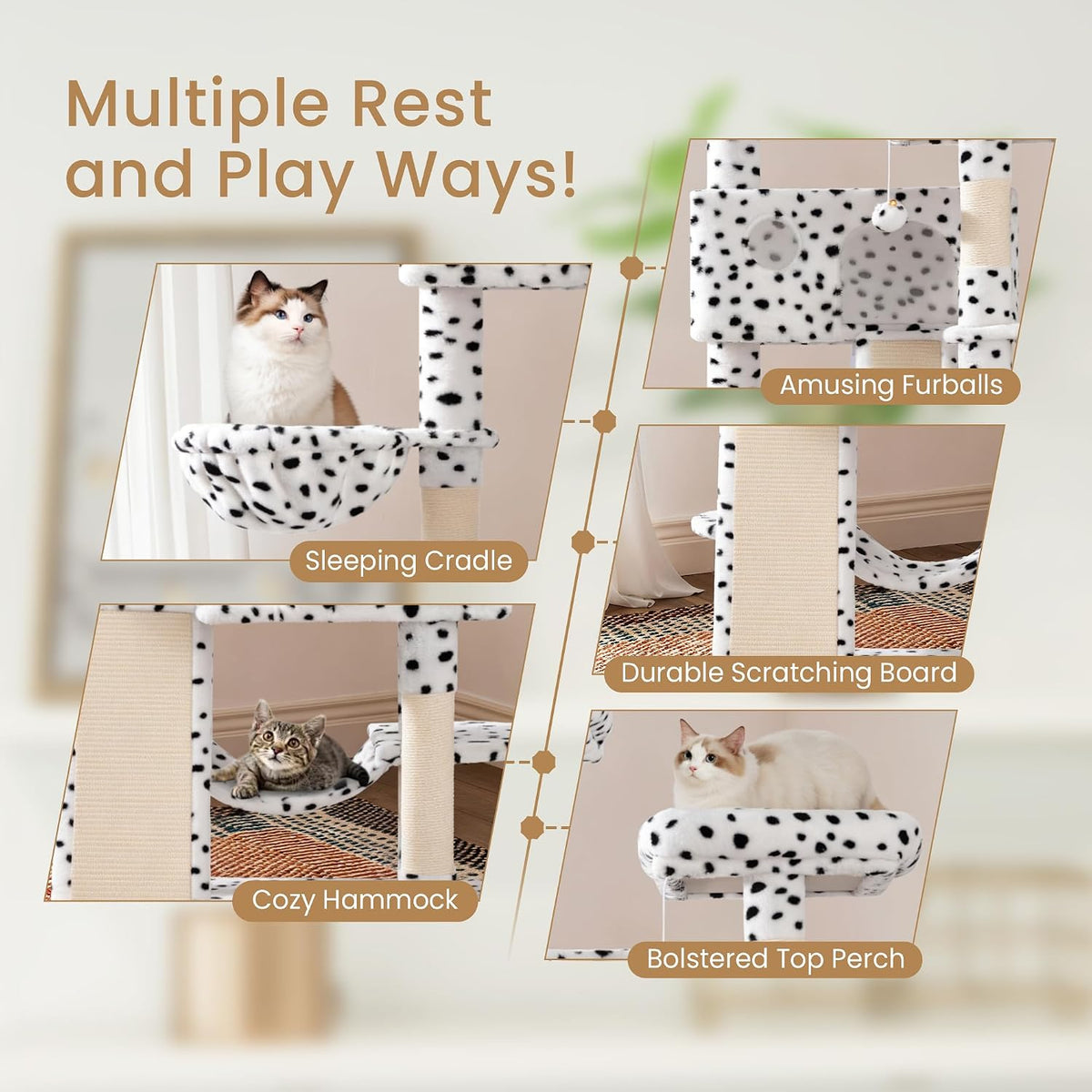 SHA CERLIN 65in Larger Cat Tree Tower Condo for Indoor Kitties/Multi-Level Furniture Activity Center with Wide Base/Cozy Plush Perches/Baskets/Sisal Scratching Posts and Hammock/White & Black Spot