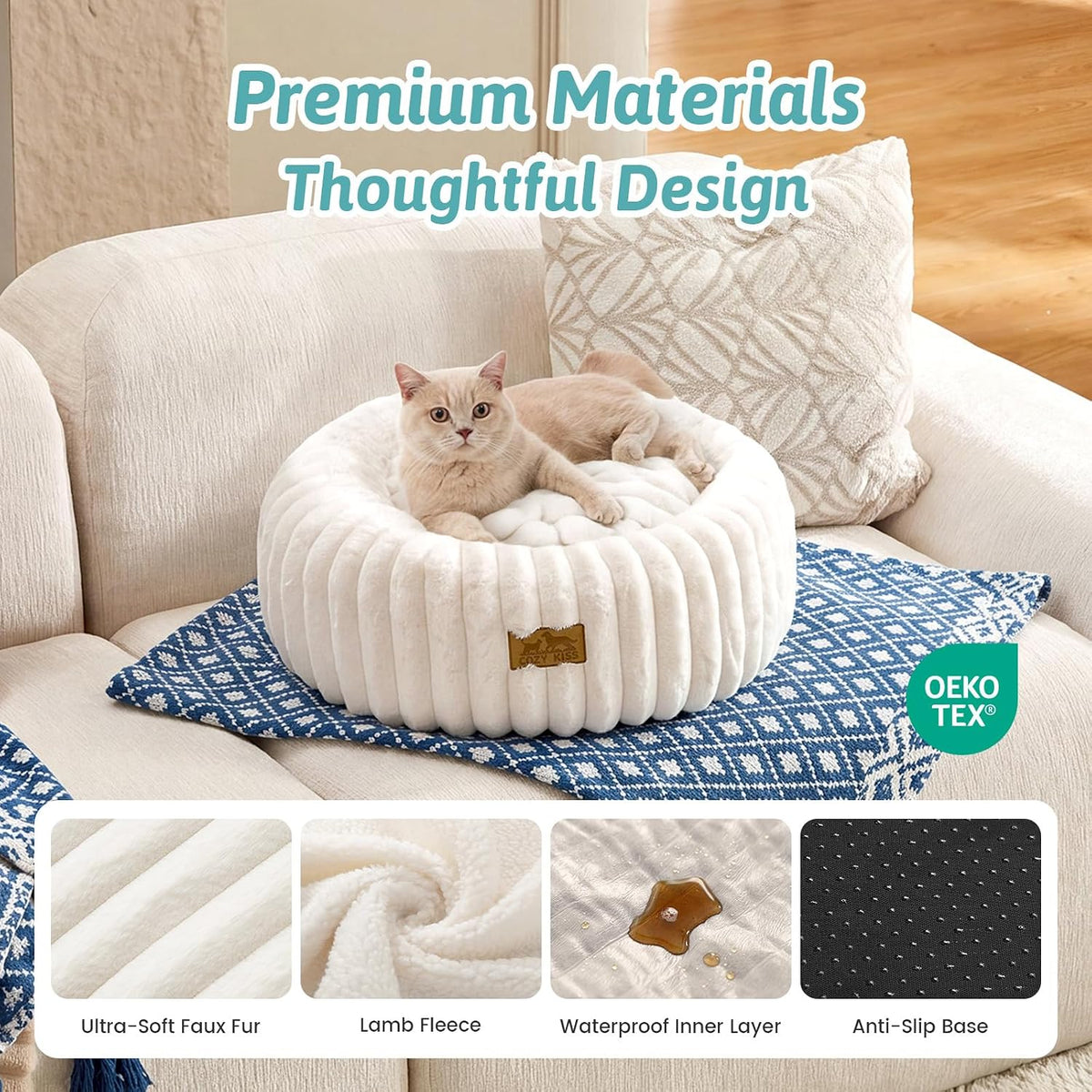COZY KISS Calming Cat Bed, Donut Kitten Bed, Small Round Dog Bed 20in Cream