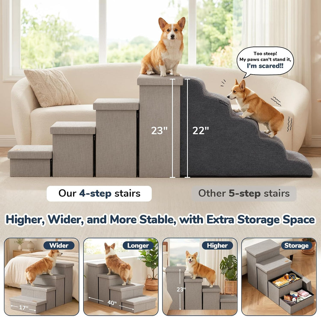 4-Step Wide Dog Stairs with Storage 23" H, Non-Slip Sturdy Pet Steps for High Bed Couch Window, Pet Stairs for Small/Medium/Large Old Dogs Cats Up to 220lbs, Cat Dog Steps for Car, Light Grey